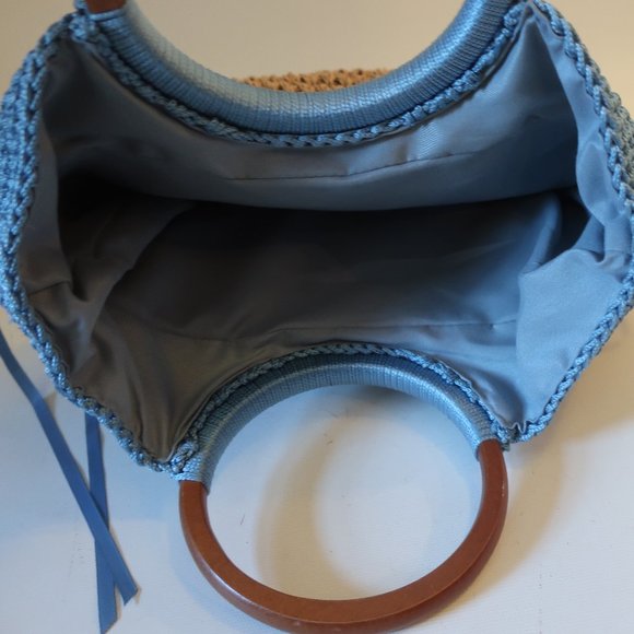 WOMENS UNBILLION BLUE TAN BURLAP WOOD DOUBLE HANDLE HANDBAG * - Picture 5 of 9